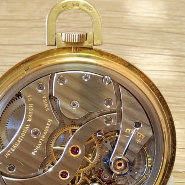 Rücksiete einer Taschenuhr mit Einblick in das Uhrwerk.